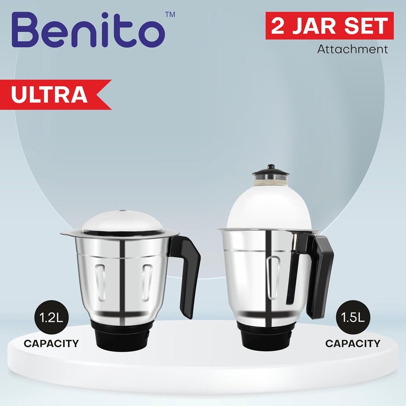 Benito ULTRA Heavy Quality Stainless Steel Combo Jar Set Dry Wet for Mixer Grinder Heavy Duty Aluminium Base with Lid Fitting 1500ml 1200ml Mixer Grinder Jar set Mixijar - Image 2
