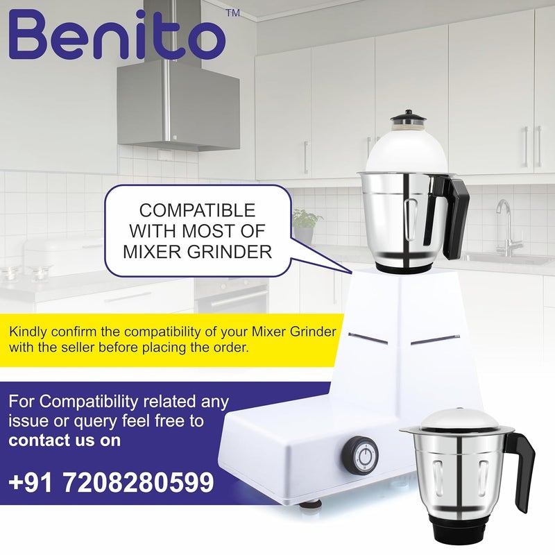 Benito ULTRA Heavy Quality Stainless Steel Combo Jar Set Dry Wet for Mixer Grinder Heavy Duty Aluminium Base with Lid Fitting 1500ml 1200ml Mixer Grinder Jar set Mixijar - Image 3