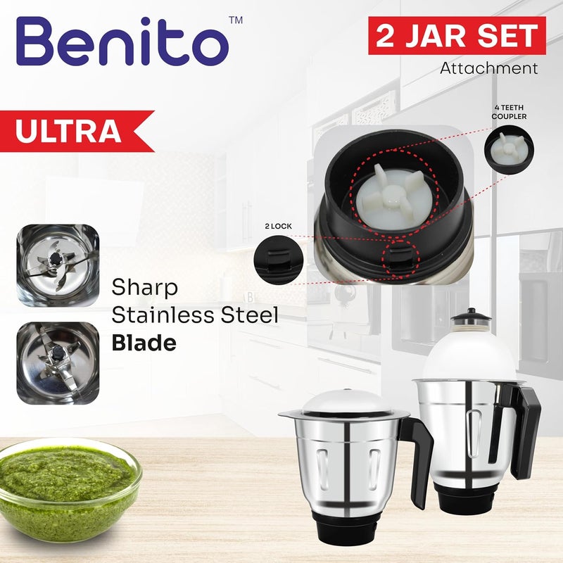 Benito ULTRA Heavy Quality Stainless Steel Combo Jar Set Dry Wet for Mixer Grinder Heavy Duty Aluminium Base with Lid Fitting 1500ml 1200ml Mixer Grinder Jar set Mixijar - Image 4