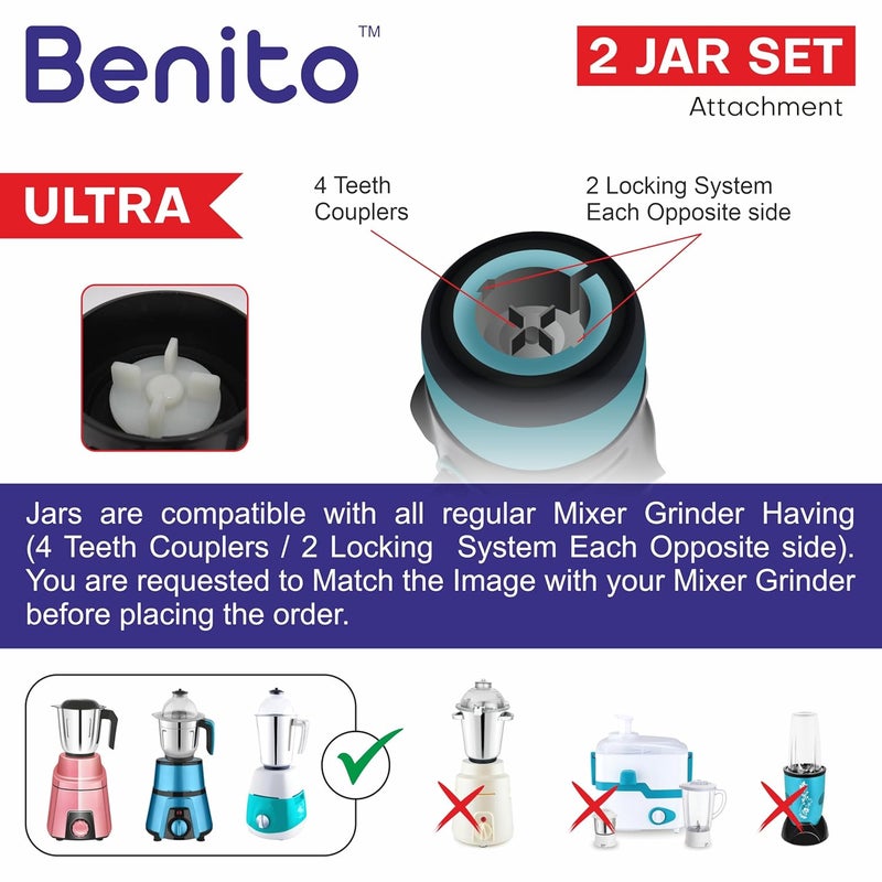 Benito ULTRA Heavy Quality Stainless Steel Combo Jar Set Dry Wet for Mixer Grinder Heavy Duty Aluminium Base with Lid Fitting 1500ml 1200ml Mixer Grinder Jar set Mixijar - Image 5