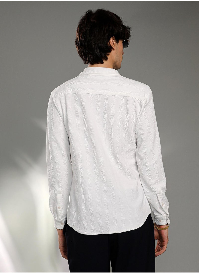كامبوس سوترا Men's Chalk White Rope-Textured Shirt  - Image 5