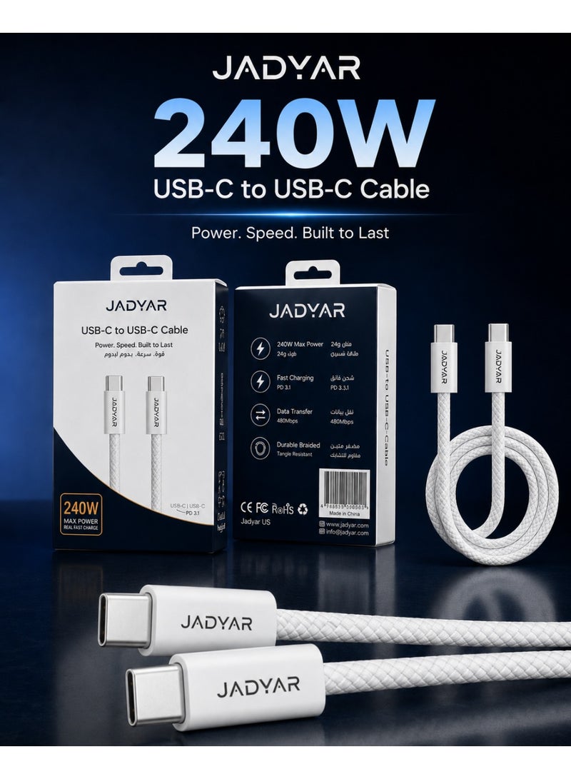 JADYAR Type-C 240W USB-C to USB-C Cable, 1m, Durable Braided Fast Charging Cable, White - Image 1