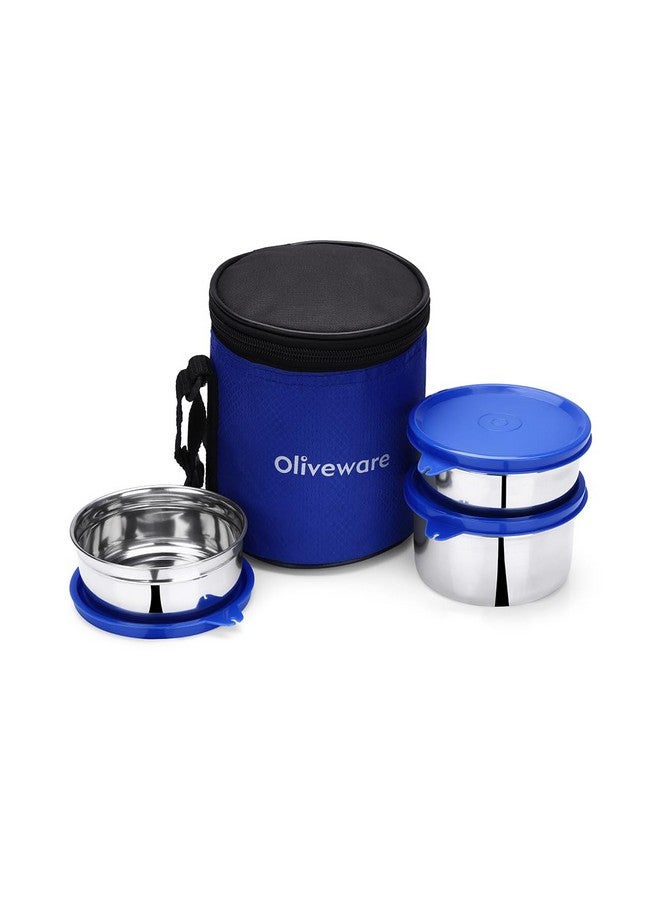 oliveware Lovely Stylo Lunch Box, Leak Proof & BPA Free Lid, 3 Stainless Steel Containers (2x290ml & 450ml), Fabric Jacket - Blue - Image 1