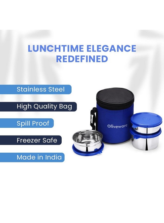 oliveware Lovely Stylo Lunch Box, Leak Proof & BPA Free Lid, 3 Stainless Steel Containers (2x290ml & 450ml), Fabric Jacket - Blue - Image 3