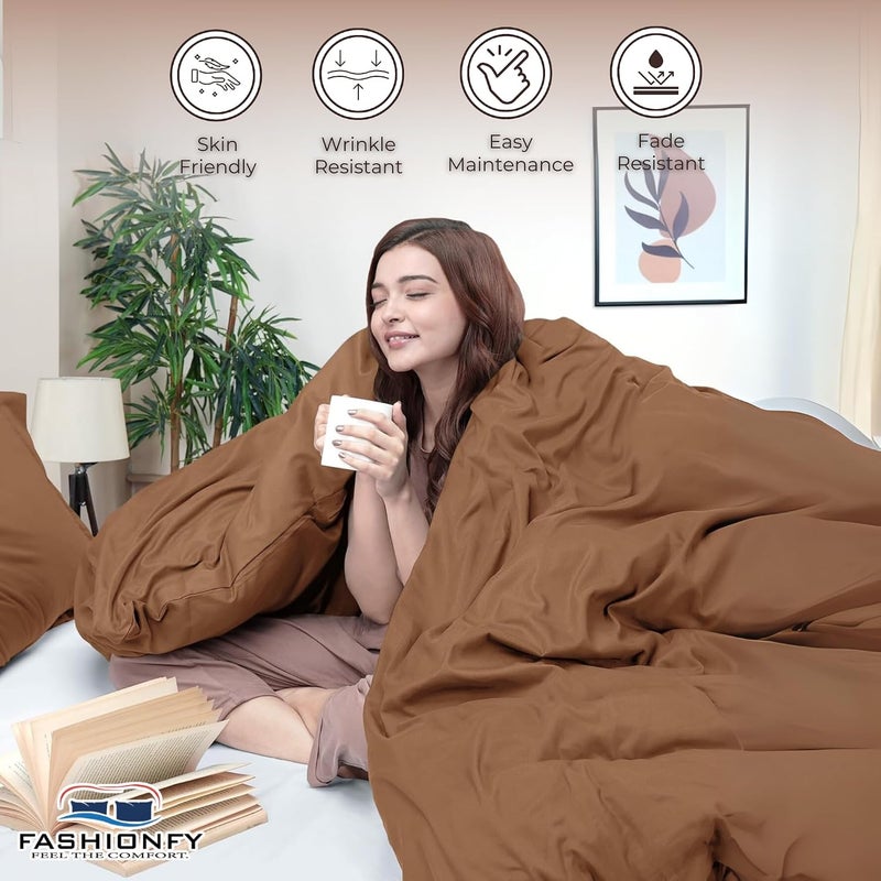 3 طقم غطاء لحاف مكون من 3 قطع لغرف النوم وديكور المنزل، غطاء لحاف قطني مقاوم للبهتان و2 أغطية وسائد مطابقة 300 خيط طقم فراش مقاس توين إكس إل (بني، 160 × 220 سم) - Image 4