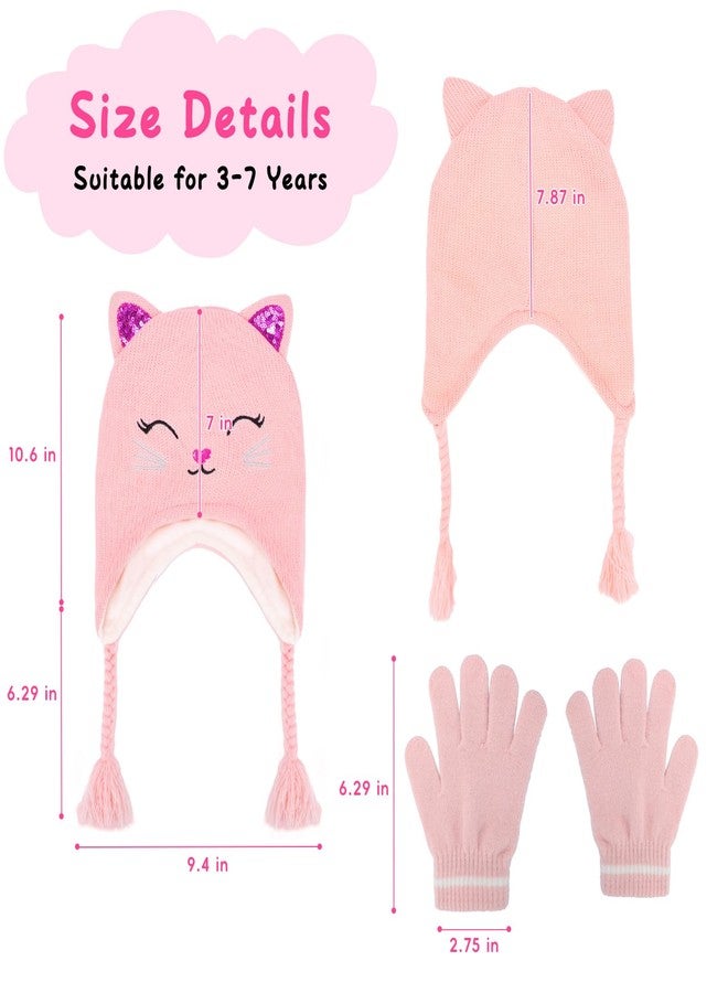 ACTLATI Girl Knit Cat Ear Beanie Hat and Glove Set Kids Winter Earflap with Braided Ski Skull Cap Mitten Set Age 3-7 - Image 3