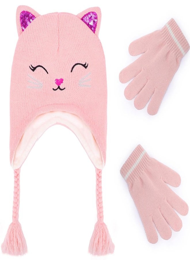 ACTLATI Girl Knit Cat Ear Beanie Hat and Glove Set Kids Winter Earflap with Braided Ski Skull Cap Mitten Set Age 3-7 - Image 1