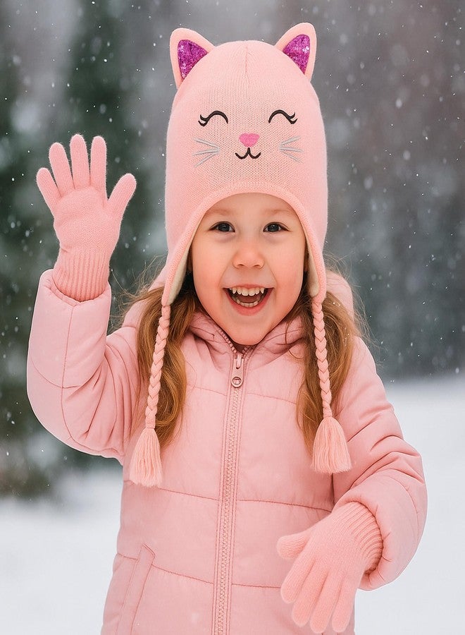 ACTLATI Girl Knit Cat Ear Beanie Hat and Glove Set Kids Winter Earflap with Braided Ski Skull Cap Mitten Set Age 3-7 - Image 2