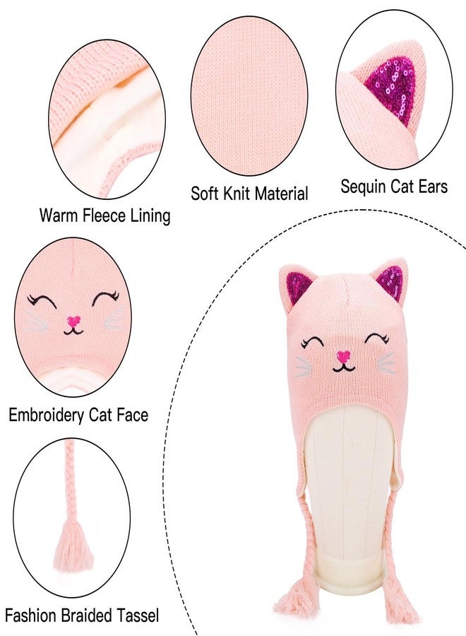ACTLATI Girl Knit Cat Ear Beanie Hat and Glove Set Kids Winter Earflap with Braided Ski Skull Cap Mitten Set Age 3-7 - Image 5