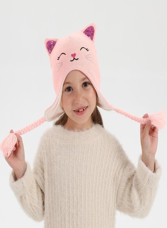 ACTLATI Girl Knit Cat Ear Beanie Hat and Glove Set Kids Winter Earflap with Braided Ski Skull Cap Mitten Set Age 3-7 - Image 4