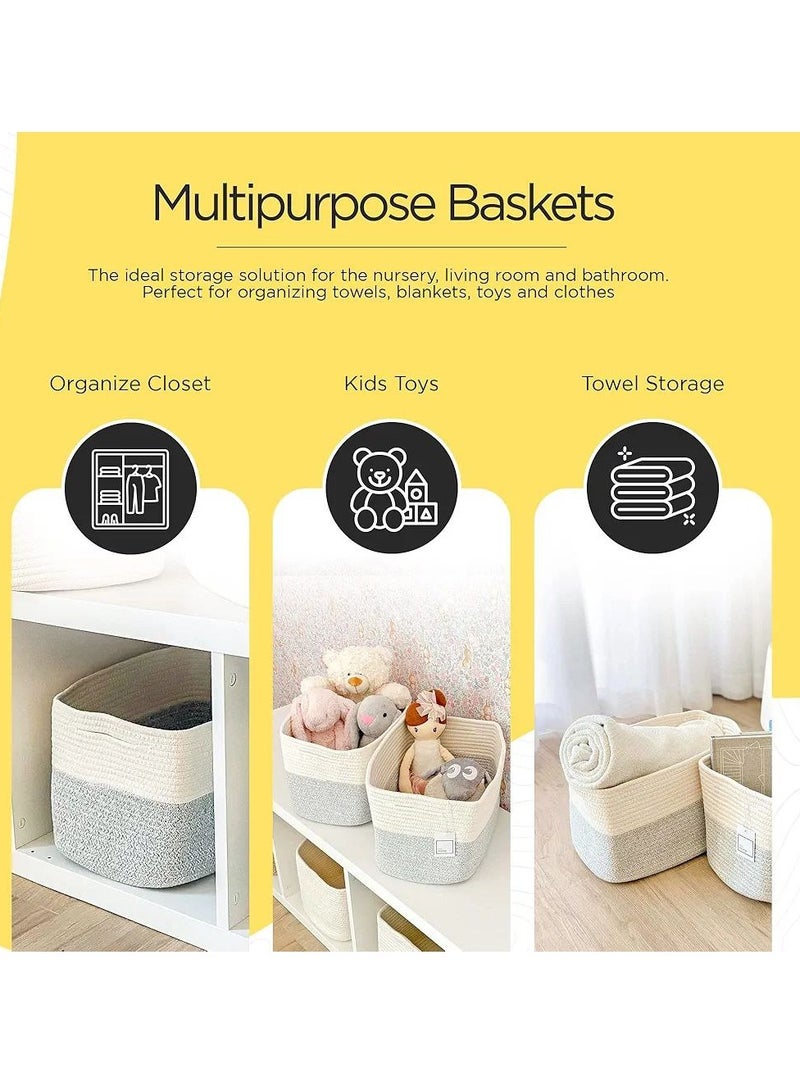 Cotton Rope Basket,  Set of 2, Woven Rope Shelf Basket for bathroom, bedroom, living room, toys, clothes (Grey & White) - Image 2