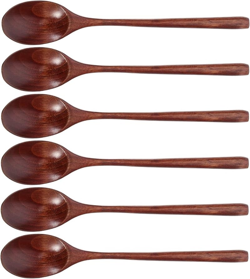 Natural Wooden Soup Spoons Long Handle Kitchen Flatware Set of 6 for Dining Serving - Image 1