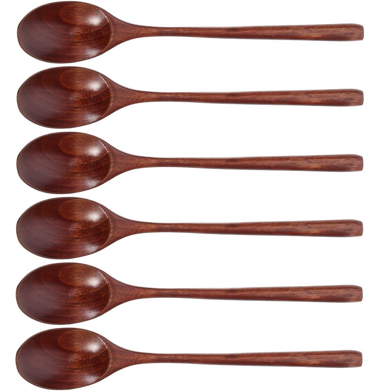 Natural Wooden Soup Spoons Long Handle Kitchen Flatware Set of 6 for Dining Serving - Image 2