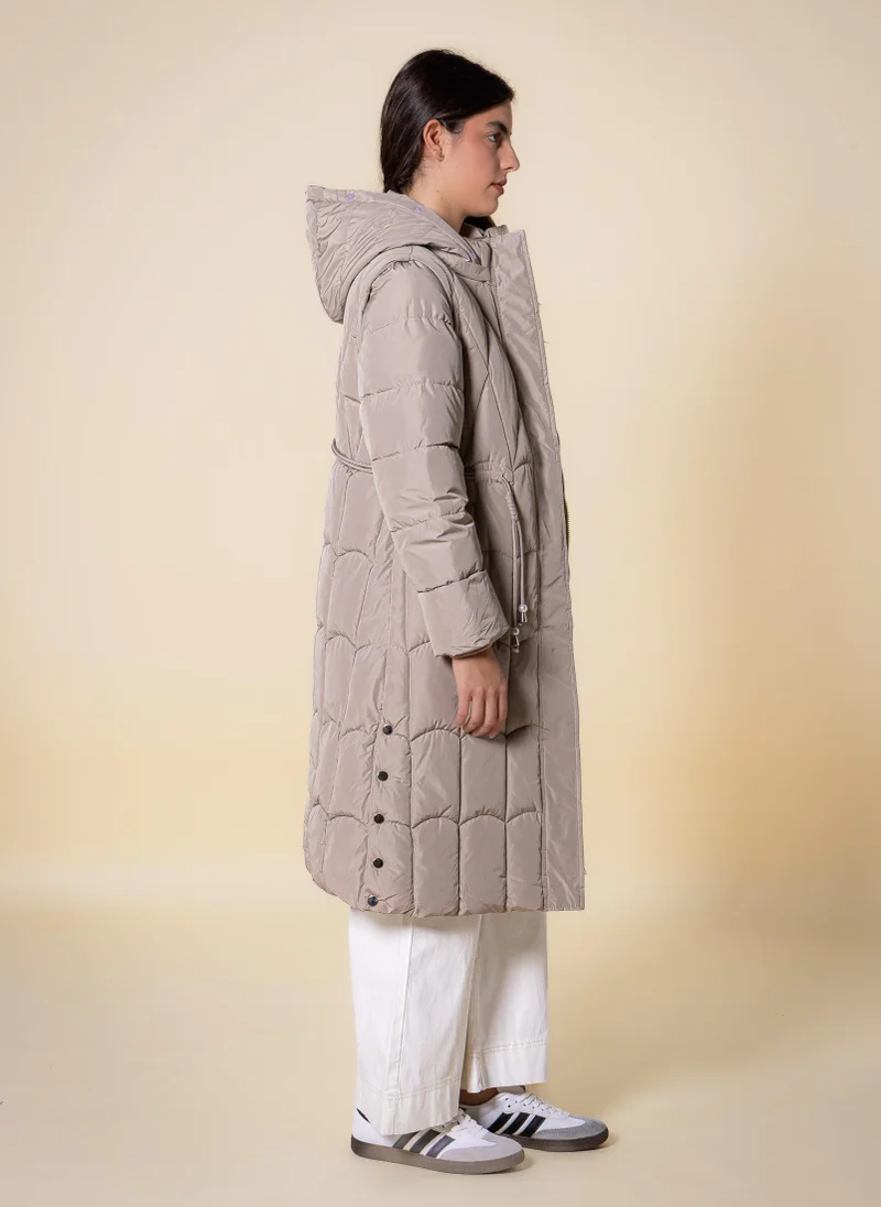 Shapes Beige LONG DETAILED PUFFER JACKET for Women | Best Price UAE