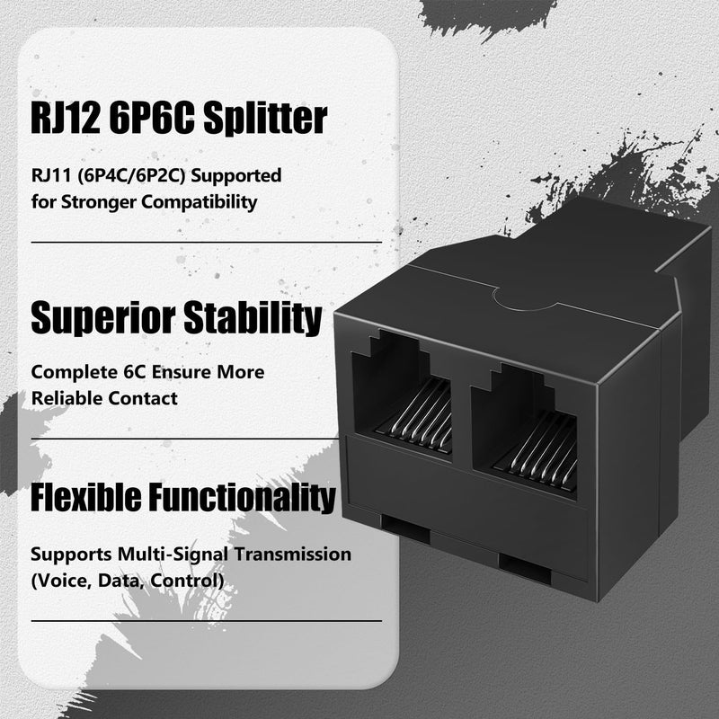 Uvital RJ12 6P6C 3 Female Telephone Line Splitters, Phone Jack Splitter, Telephone Landline Cable Connector and Separator(Black, 10 Pack) - Image 2