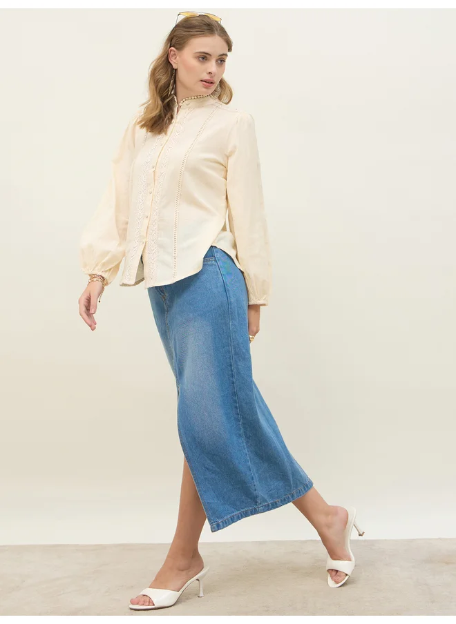 Styli Styli Mandarin Collar Buttoned Lace Insert Top