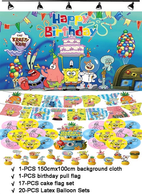 39-piece SpongeBob SquarePants theme set birthday party supplies including background cloth (size 150cmx100cm)