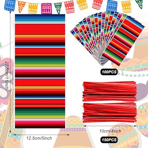 Wesnoy 100 Pcs Mexican Fiesta Cellophane Treat Bags Mexican Candy Bags Cinco De Mayo Goody Sacks Fiesta Party Favor Goodie Gift Sack for Party Birthday with 150 Red Twist Ties Vibrant - Image 3