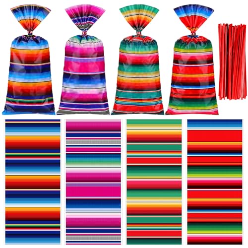 Wesnoy 100 Pcs Mexican Fiesta Cellophane Treat Bags Mexican Candy Bags Cinco De Mayo Goody Sacks Fiesta Party Favor Goodie Gift Sack for Party Birthday with 150 Red Twist Ties Vibrant - Image 1