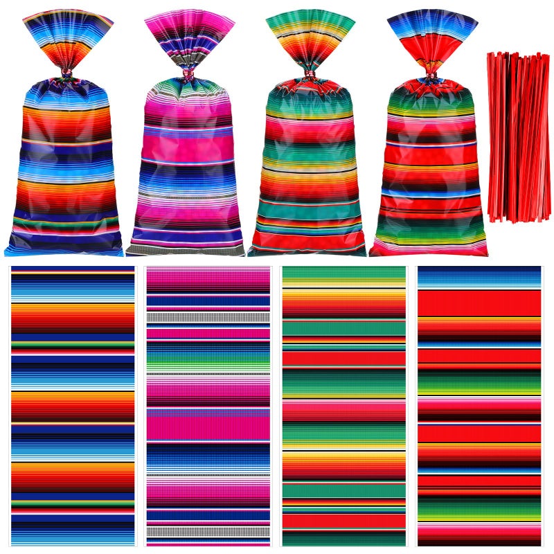 Wesnoy 100 Pcs Mexican Fiesta Cellophane Treat Bags Mexican Candy Bags Cinco De Mayo Goody Sacks Fiesta Party Favor Goodie Gift Sack for Party Birthday with 150 Red Twist Ties Vibrant - Image 2