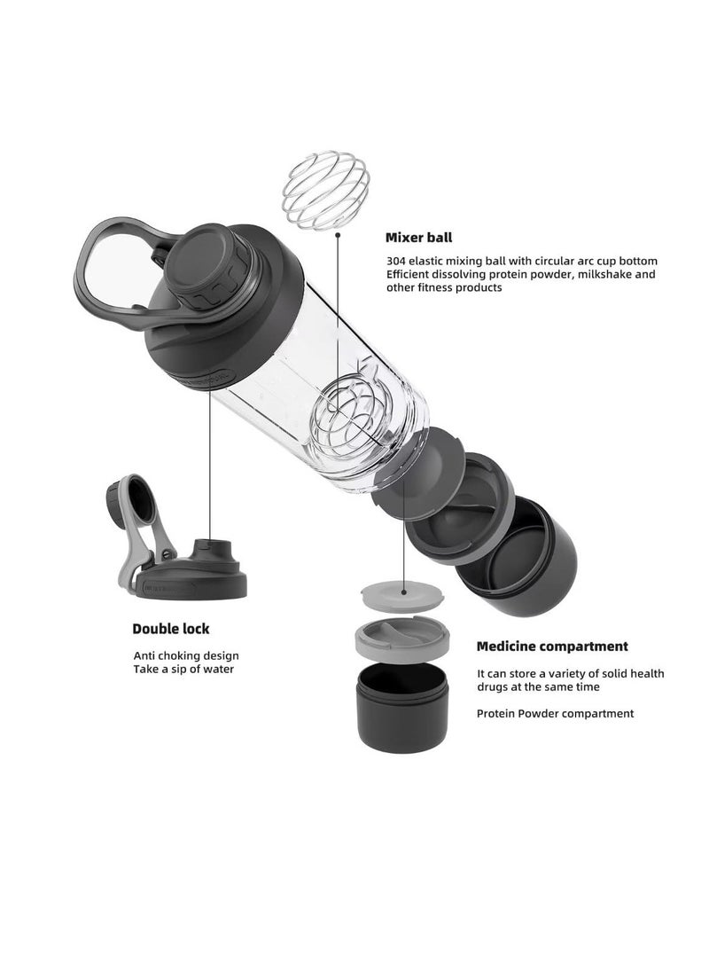 Excefore - Protein Shaker Bottle with Powder Storage Container, 21oz Shaker Cups for Protein Shakes with Wire Whisk Balls and Carry Loop,  Leakproof Pre Workout Bottle, Mixer Cup with Tritan BPA Free, Black - Image 1