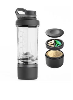 Protein Shaker Bottle with Powder Storage Container, 21oz Shaker Cups for Protein Shakes with Wire Whisk Balls and Carry Loop,  Leakproof Pre Workout Bottle, Mixer Cup with Tritan BPA Free, Black