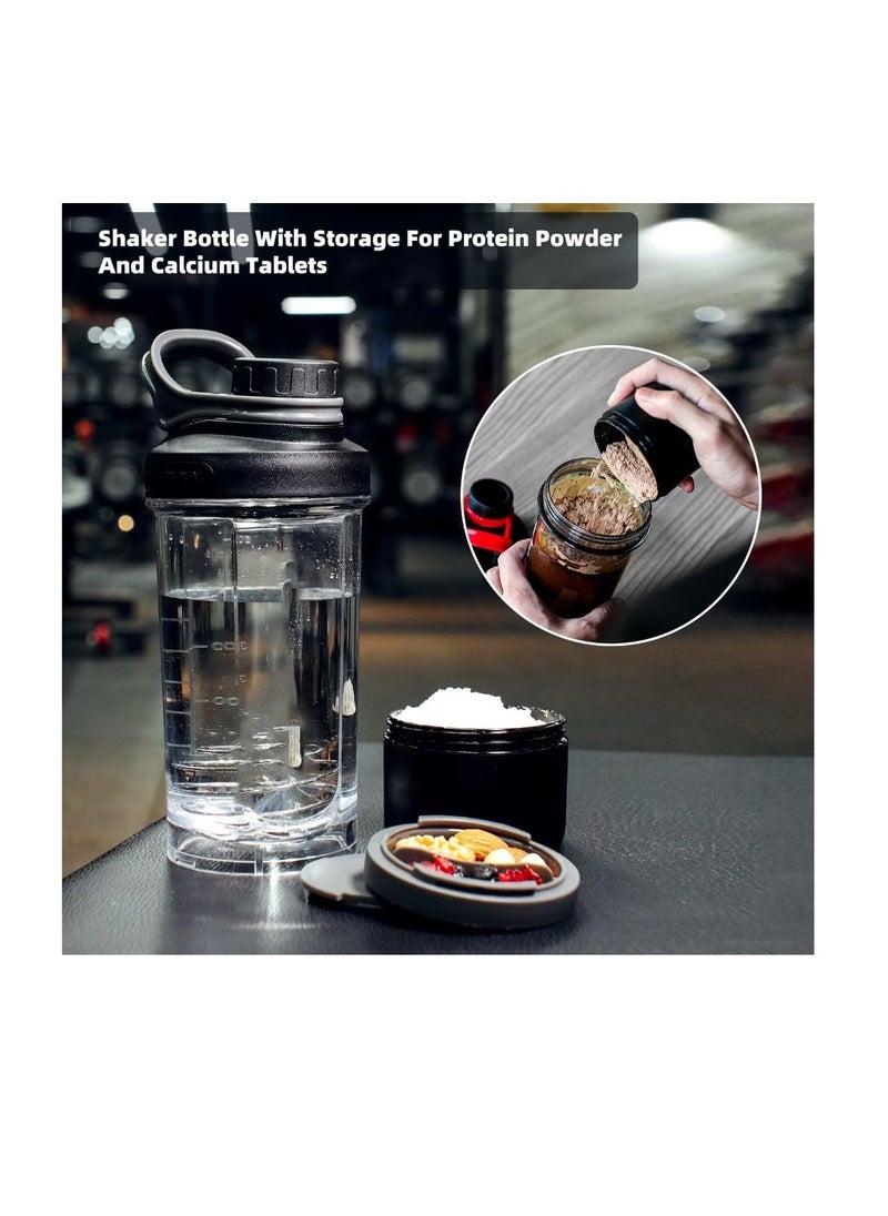 Excefore - Protein Shaker Bottle with Powder Storage Container, 21oz Shaker Cups for Protein Shakes with Wire Whisk Balls and Carry Loop,  Leakproof Pre Workout Bottle, Mixer Cup with Tritan BPA Free, Black - Image 1