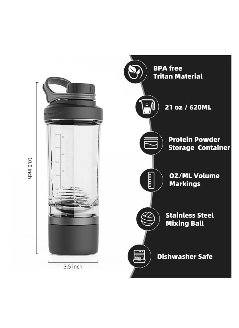 Excefore - Protein Shaker Bottle with Powder Storage Container, 21oz Shaker Cups for Protein Shakes with Wire Whisk Balls and Carry Loop,  Leakproof Pre Workout Bottle, Mixer Cup with Tritan BPA Free, Black - Image 1