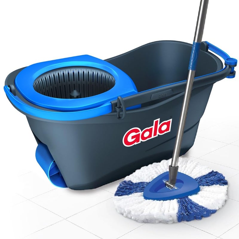 Gala Turbo Spin Mop Removes over 99 bacteriaTriangular head Easy big wheel with 2 RefillsFloor Cleaning Mop stick with Bucket pocha for floor cleaning Mopping Set Grey and blue 4 Pcs - Image 1