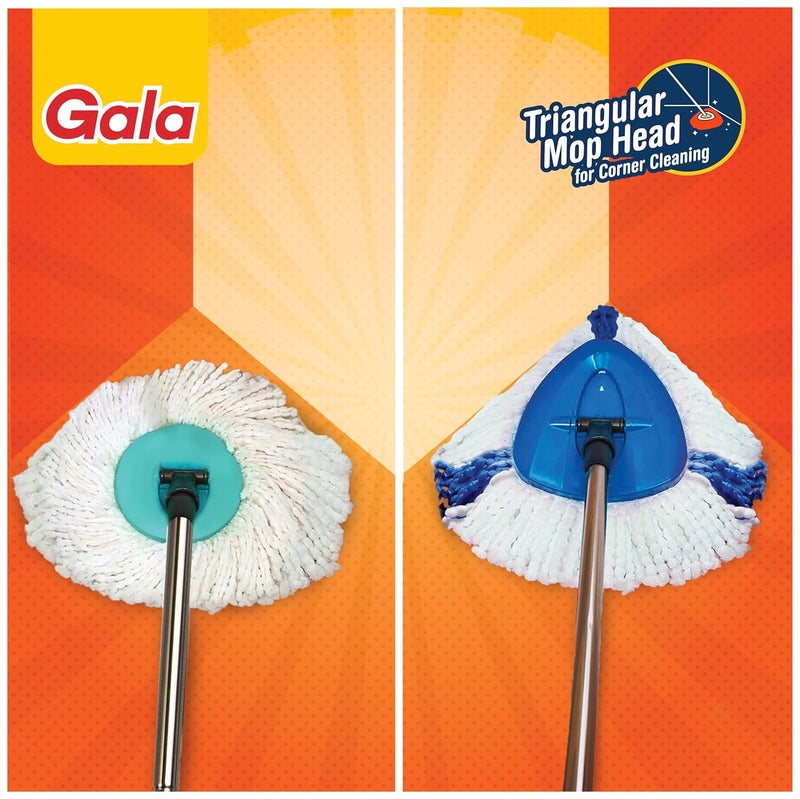 Gala Turbo Spin Mop Removes over 99 bacteriaTriangular head Easy big wheel with 2 RefillsFloor Cleaning Mop stick with Bucket pocha for floor cleaning Mopping Set Grey and blue 4 Pcs - Image 2