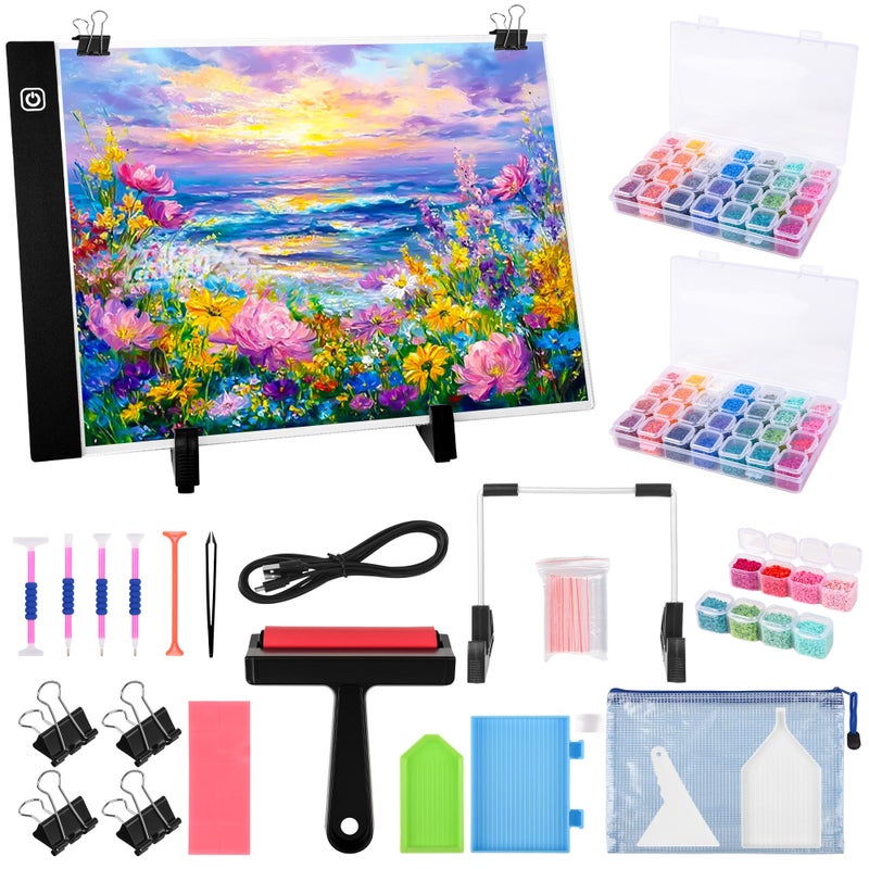 MERATIA Diamond Painting Storage Accessories Kit with A4 LED Light Pad, Bead Organizers, Drill Pens, Storage Boxes, and Tools (A4 Light Pad Kit) - Image 1