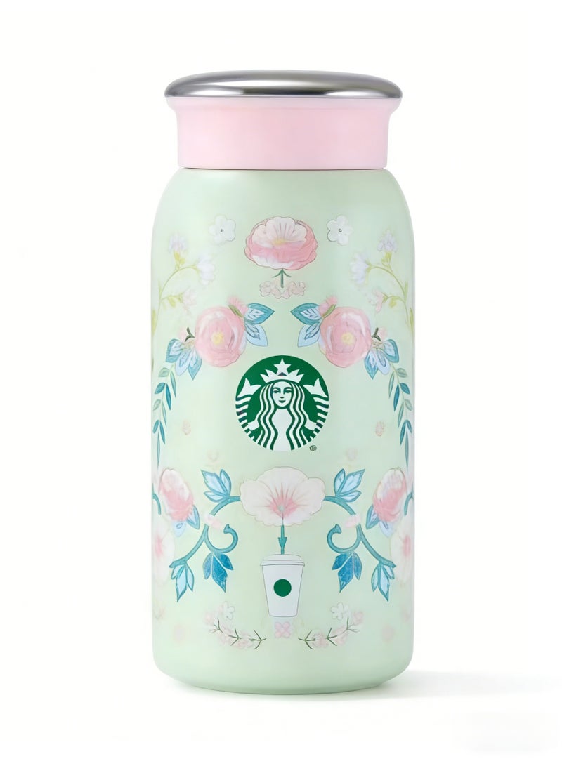 ستاربكس Starbucks Pastel Green Floral Stainless Steel Insulated Bottle - 355ml Portable Thermal Water Bottle with Pink Lid - Image 1