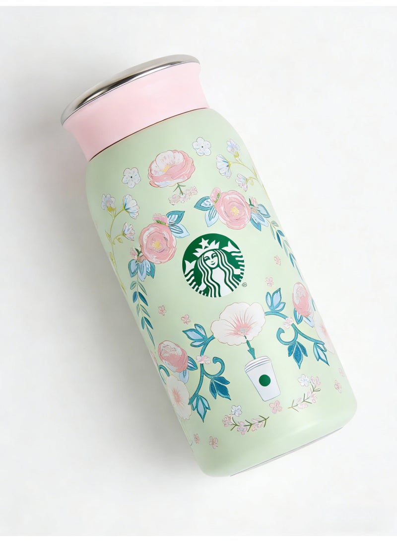 ستاربكس Starbucks Pastel Green Floral Stainless Steel Insulated Bottle - 355ml Portable Thermal Water Bottle with Pink Lid - Image 4