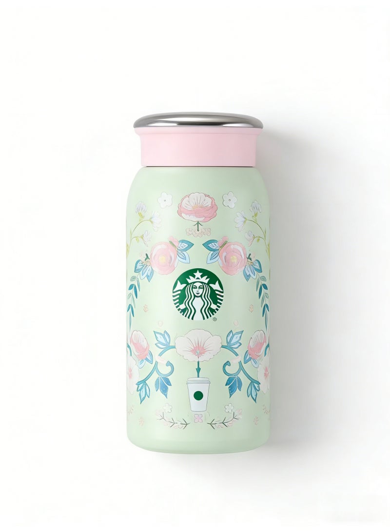 ستاربكس Starbucks Pastel Green Floral Stainless Steel Insulated Bottle - 355ml Portable Thermal Water Bottle with Pink Lid - Image 2