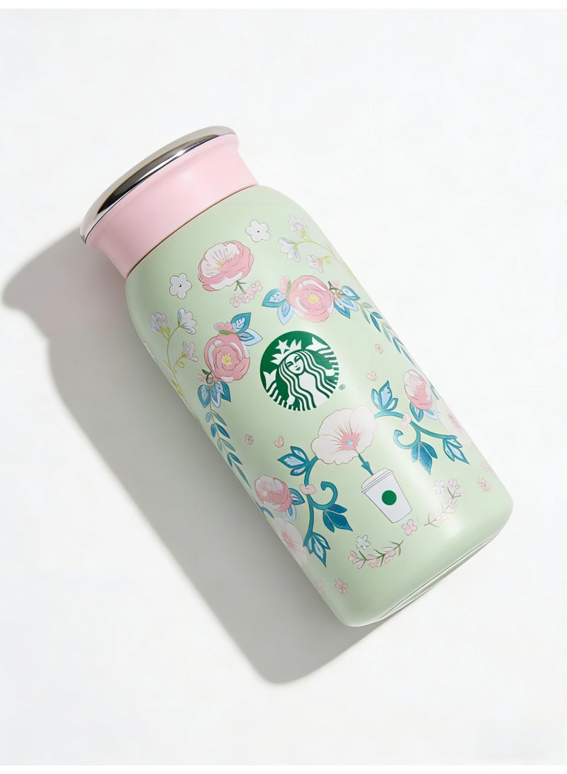 ستاربكس Starbucks Pastel Green Floral Stainless Steel Insulated Bottle - 355ml Portable Thermal Water Bottle with Pink Lid - Image 3