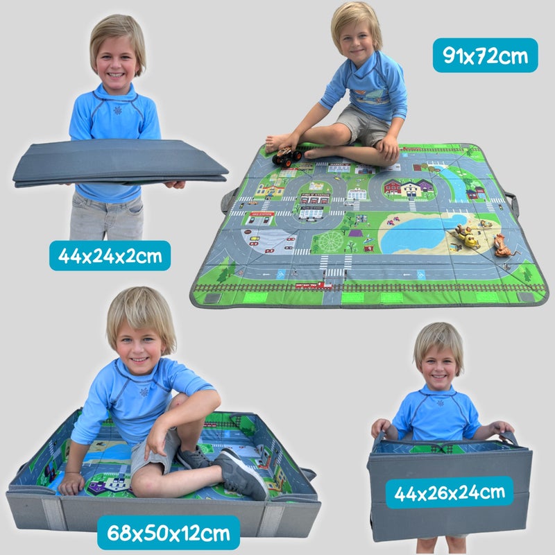 nuliie HECKBO 4-in-1 car organiser and play mat - Children's toy storage box - Foldable play mat with street motif - Secure attachment in the car, 91cm x 72cm - Image 2