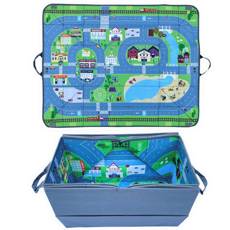nuliie HECKBO 4-in-1 car organiser and play mat - Children's toy storage box - Foldable play mat with street motif - Secure attachment in the car, 91cm x 72cm - Image 1