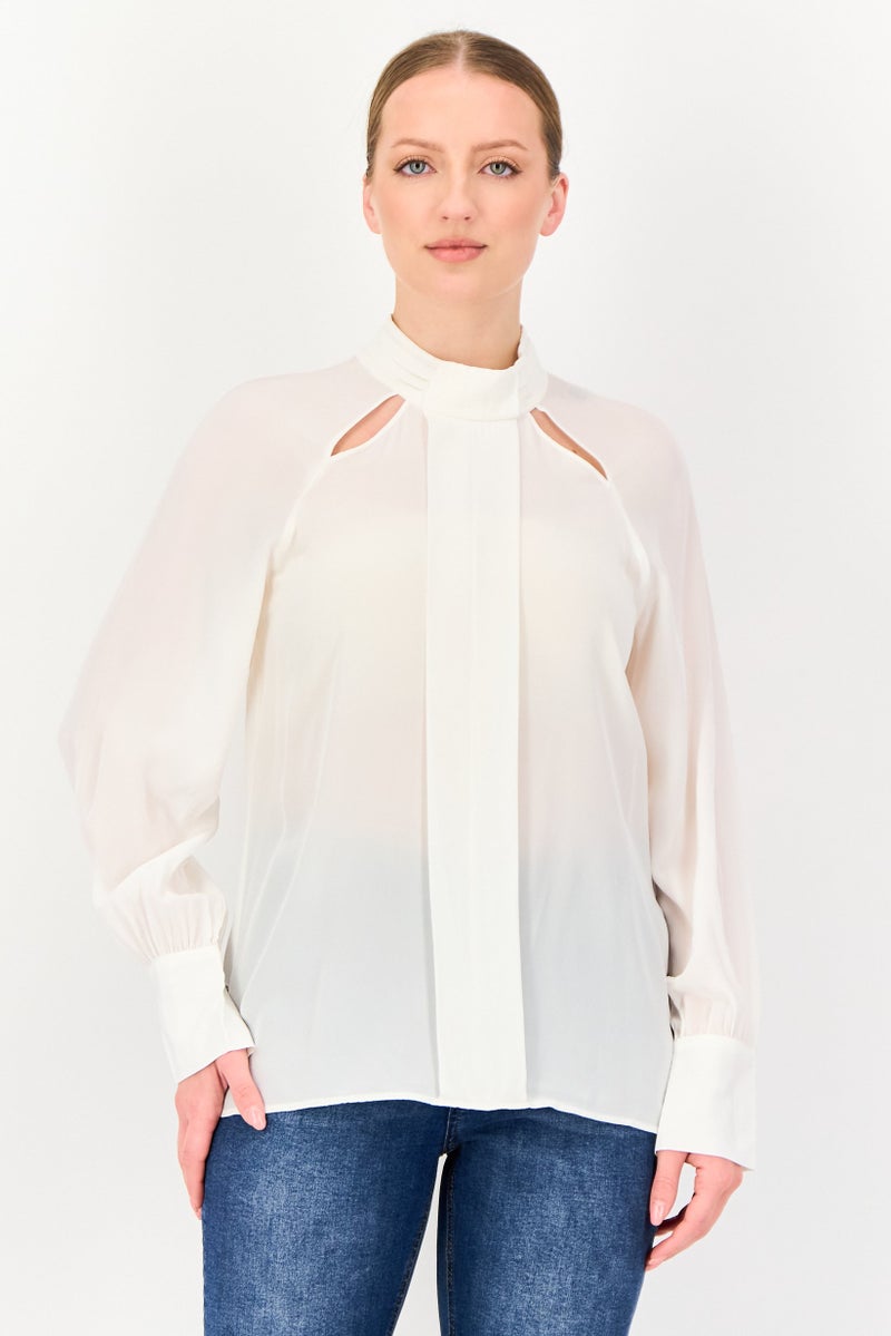 SELECTED Signature By Selected Women Mock Neck Long Sleeve Plain Top, White - Image 1