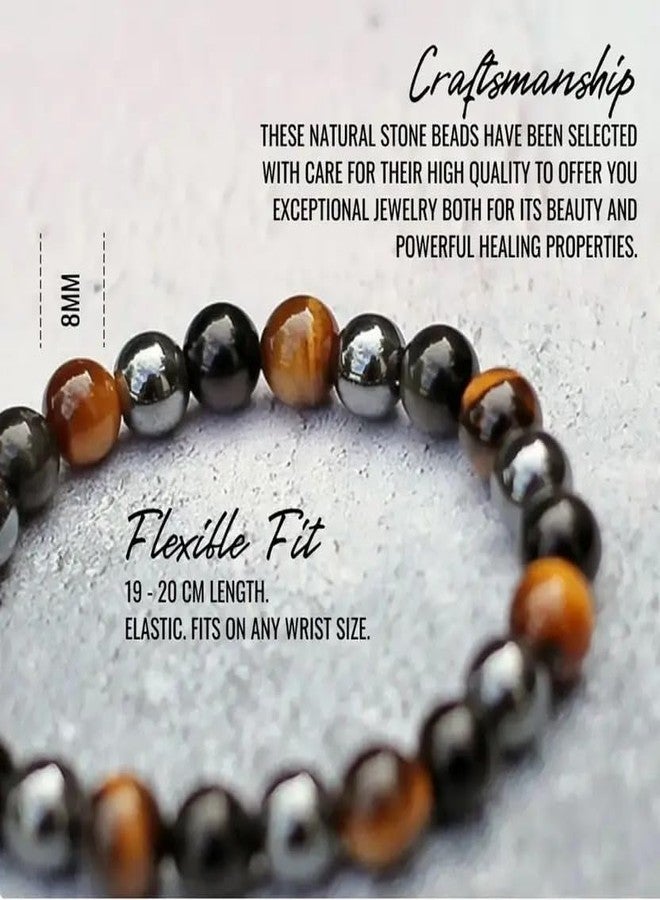 Agatesvibe سوار الحماية الثلاثية من أغاتسفايب - سوار من خرز الأحجار الطبيعية 8 مم، عين النمر، حجر السج الأسود، والهيماتيت، للرجال والنساء | مجوهرات كريستالية علاجية للحماية، والحظ، والازدهار، وتوازن الطاقة - Image 4