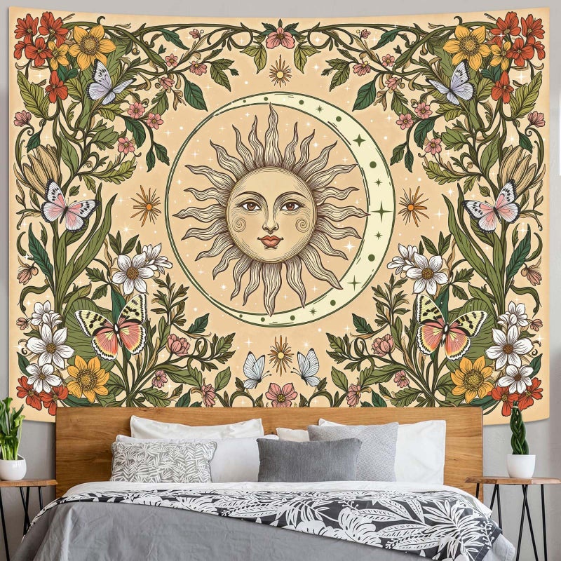 Accnicc Boho Sun and Moon Tapestry Vintage Floral Wall Tapestry for Bedroom Aesthetic Beige Celestial Plant Flower Butterfly Small Tapestries Wall Hanging for Living Room Dorm 48 x 36 Inch - Image 1