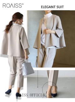 roaiss 2 Piece Women Suit Set  Loose Fit Design Cape Style Outer Jacket and Relaxed Tapered Pants Versatile and Stylish Ladies Casual Suit Set for Everyday Commute  - Image 5