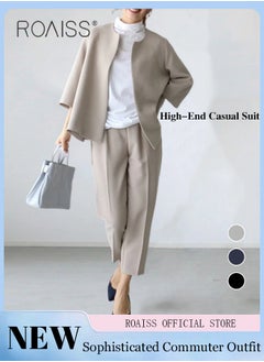 roaiss 2 Piece Women Suit Set  Loose Fit Design Cape Style Outer Jacket and Relaxed Tapered Pants Versatile and Stylish Ladies Casual Suit Set for Everyday Commute  - Image 1