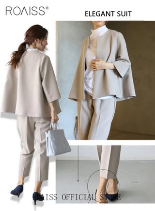 2 Piece Women Suit Set  Loose Fit Design Cape Style Outer Jacket and Relaxed Tapered Pants Versatile and Stylish Ladies Casual Suit Set for Everyday Commute Beige - view 5