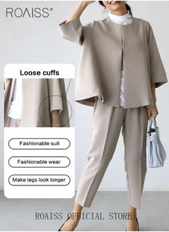roaiss 2 Piece Women Suit Set  Loose Fit Design Cape Style Outer Jacket and Relaxed Tapered Pants Versatile and Stylish Ladies Casual Suit Set for Everyday Commute  - Image 4