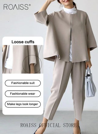 2 Piece Women Suit Set  Loose Fit Design Cape Style Outer Jacket and Relaxed Tapered Pants Versatile and Stylish Ladies Casual Suit Set for Everyday Commute Beige - view 4