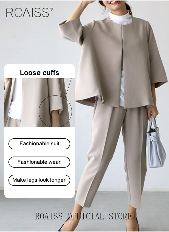 roaiss 2 Piece Women Suit Set  Loose Fit Design Cape Style Outer Jacket and Relaxed Tapered Pants Versatile and Stylish Ladies Casual Suit Set for Everyday Commute  - Image 4