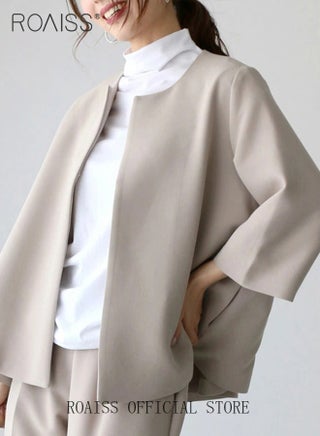 2 Piece Women Suit Set  Loose Fit Design Cape Style Outer Jacket and Relaxed Tapered Pants Versatile and Stylish Ladies Casual Suit Set for Everyday Commute Beige - view 2