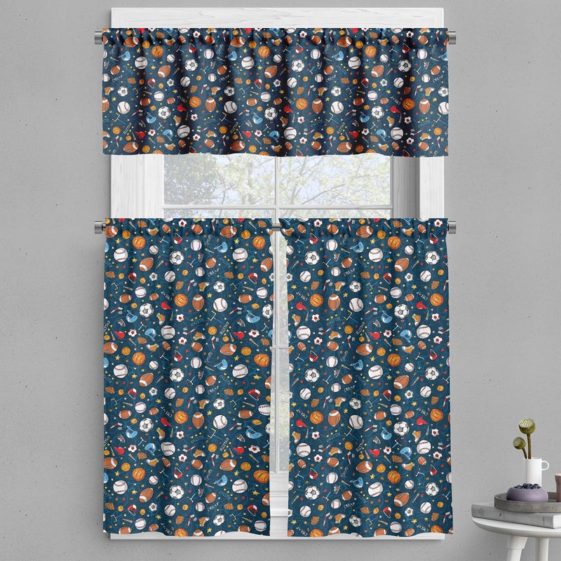 Ambesonne Ambesonne Sport Valance & Tier Curtain 3 pcs Set  Many Basketball Baseball and Football Champ Gloves Dark Background  Window Treatments for Room Kitchen Decor  55"" x 24""  Dark Blue Multicolor - Image 1