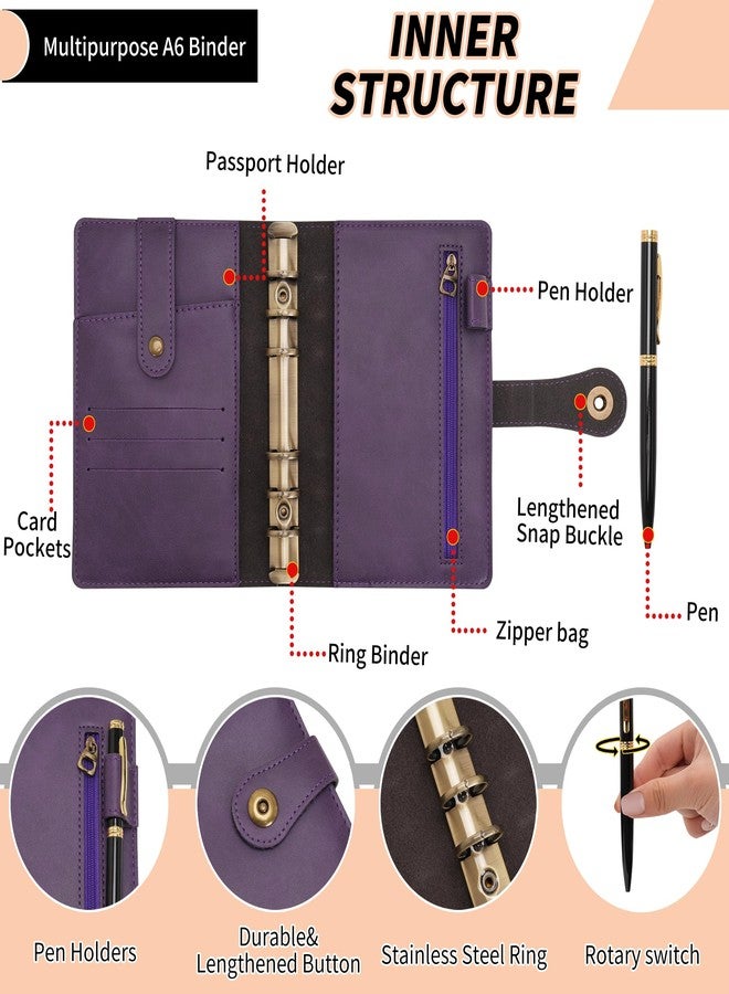 Wonderpool Ring Binder Notebook A6 Refillable Leather Diary Organiser Binder Folder with Pockets Lined Paper Pen for Office School Business Travel Planning Writing (Purple, A6) - Image 5