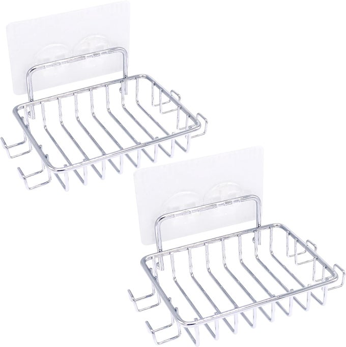 SOAP DISH HOLDER FOR SHOWER WITH 4 HOOKS 2 PACK STAINLESS STEEL SOAP DISH FOR BATHROOM ADHESIVE BAR SOAP HOLDER FOR SHOWER WALL SILVER BY